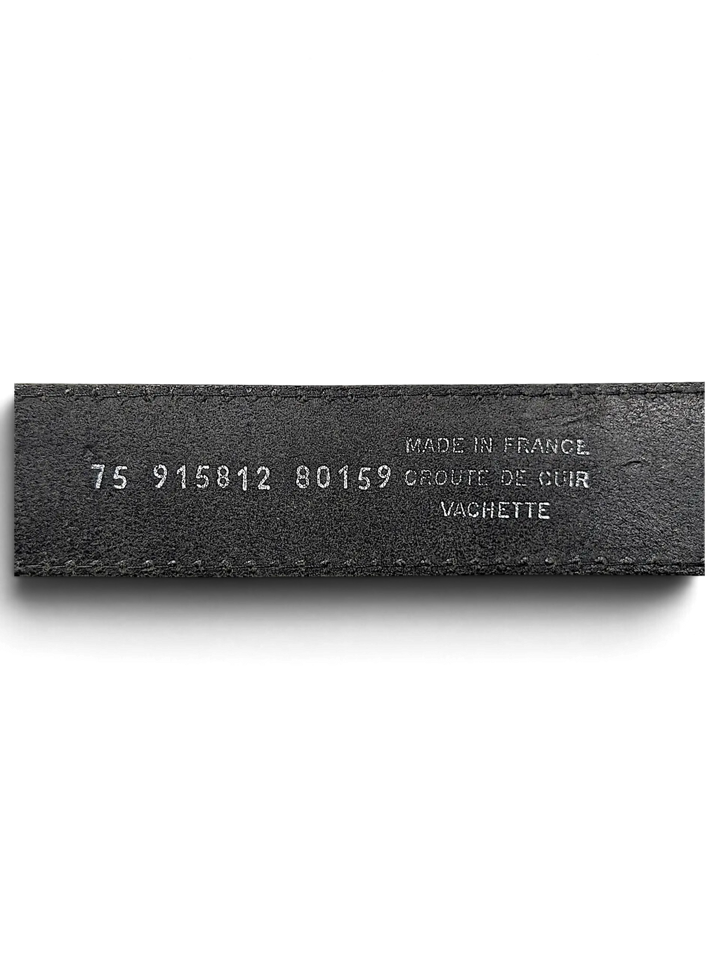 JAKE & IPI black leather belt showing Made in France and vachette leather stamp on the inner strap