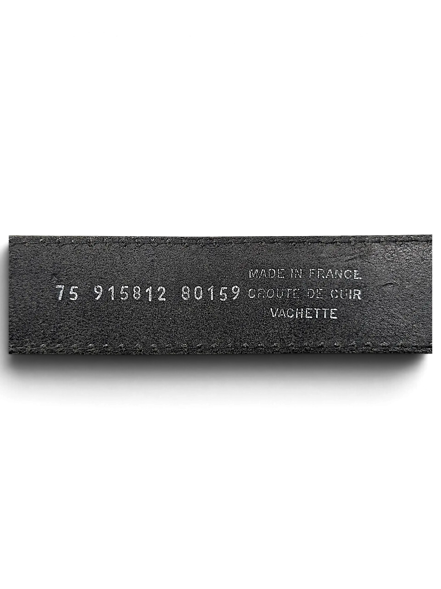 JAKE & IPI black leather belt showing Made in France and vachette leather stamp on the inner strap