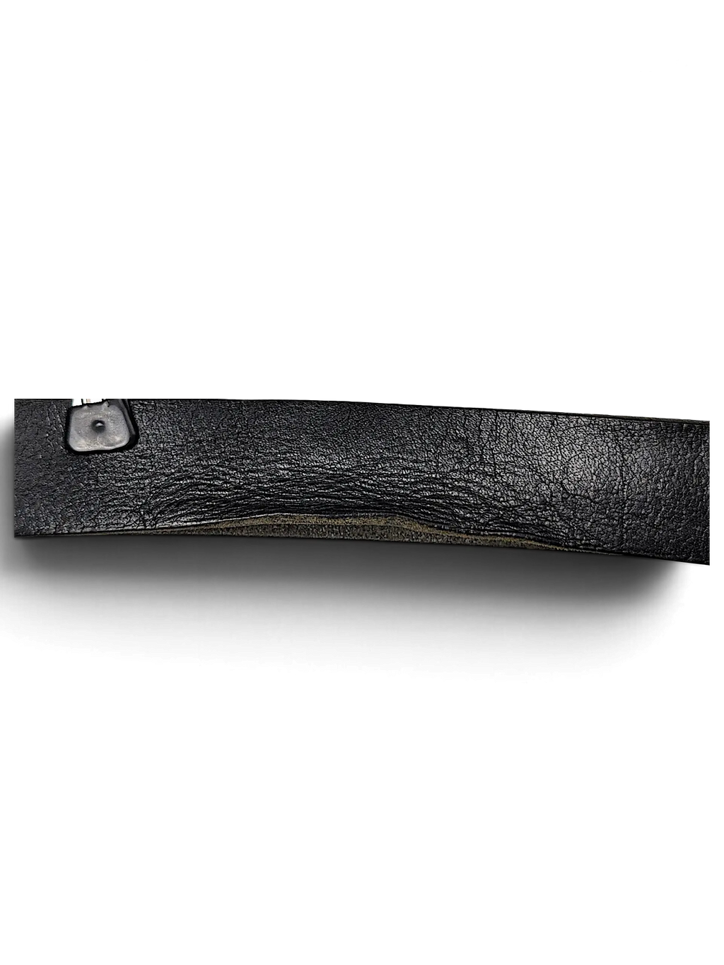 JAKE & IPI black leather belt strap with visible grain texture and a silver metal clip attached.