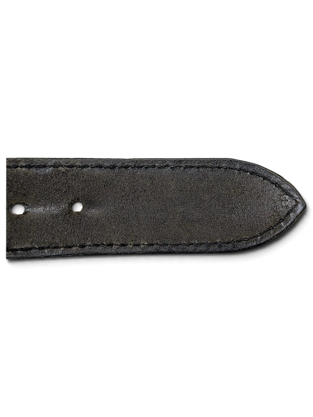 JAKE & IPI Lee black leather belt featuring durable stitched edges and a pointed tip on a white background