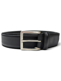 JAKE & IPI black leather belt featuring a classic silver-toned metal buckle on a smooth strap