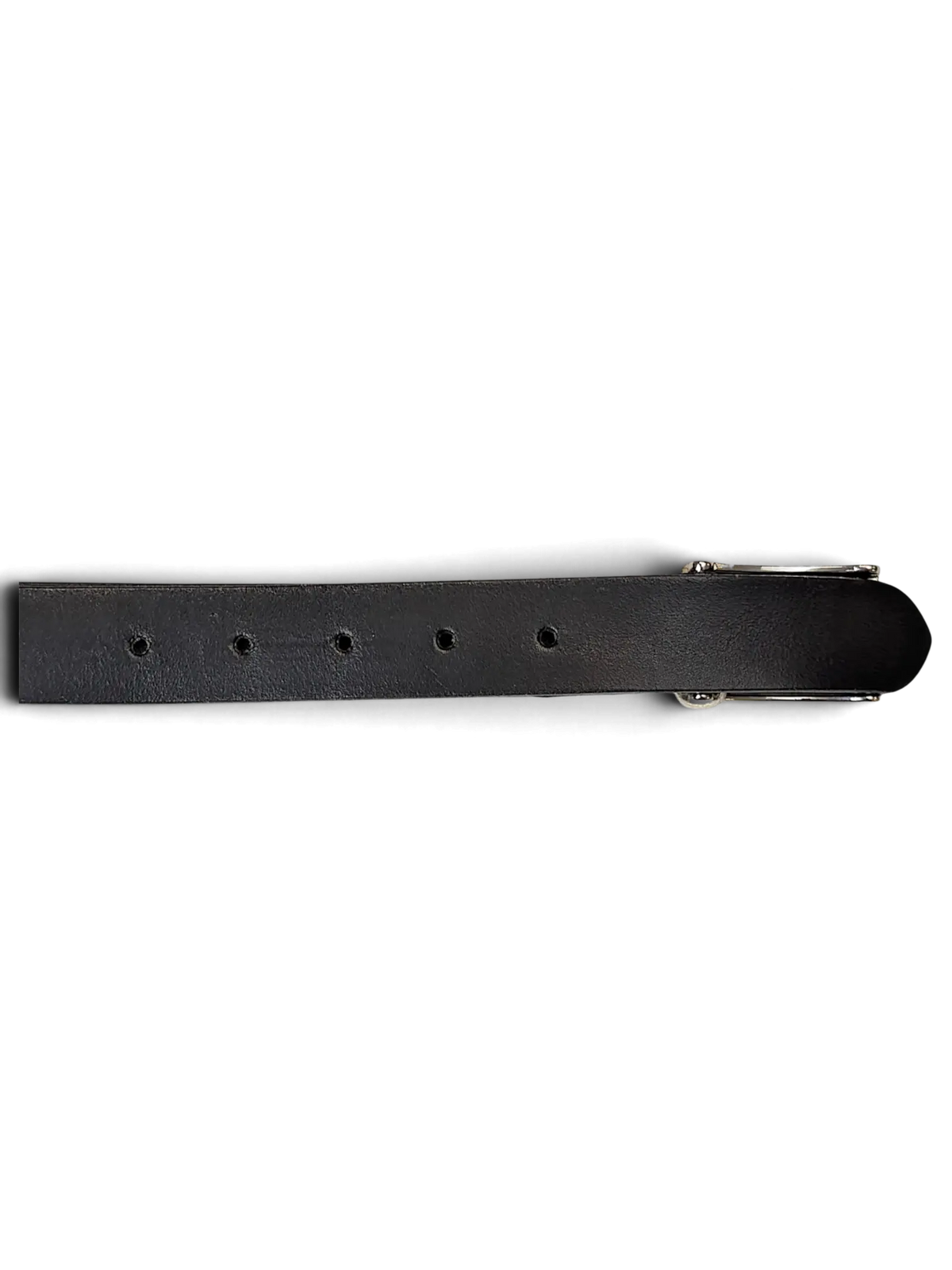 JAKE & IPI black leather belt featuring a polished silver buckle and classic punched holes on a white background