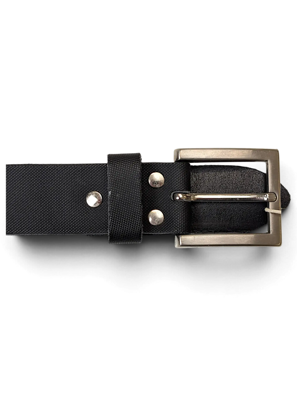 JAKE & IPI Gotz Collection black leather belt featuring a textured strap and a silver-tone rectangular buckle.