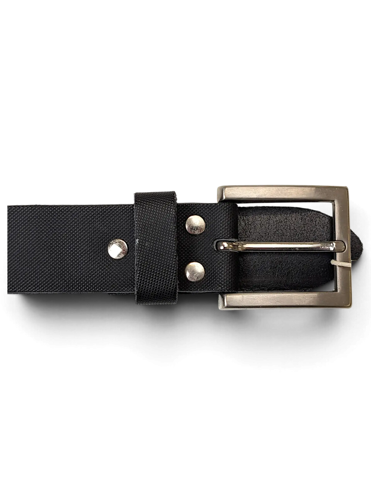 JAKE & IPI Gotz Collection black leather belt featuring a textured strap and a silver-tone rectangular buckle.