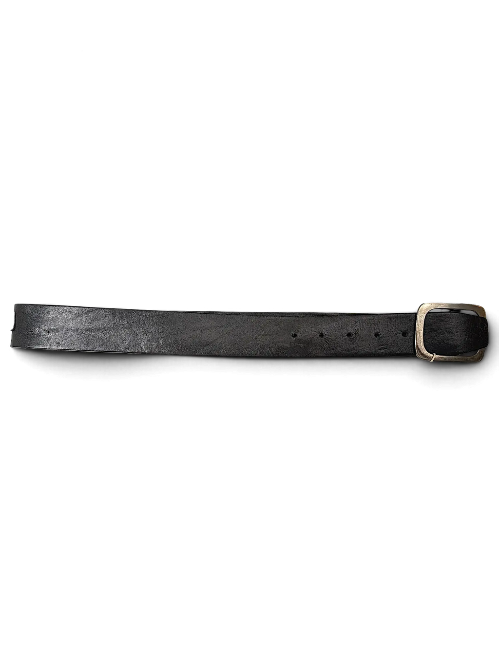 JAKE & IPI black leather belt with a silver-tone metal buckle and attached brand tag on a white surface