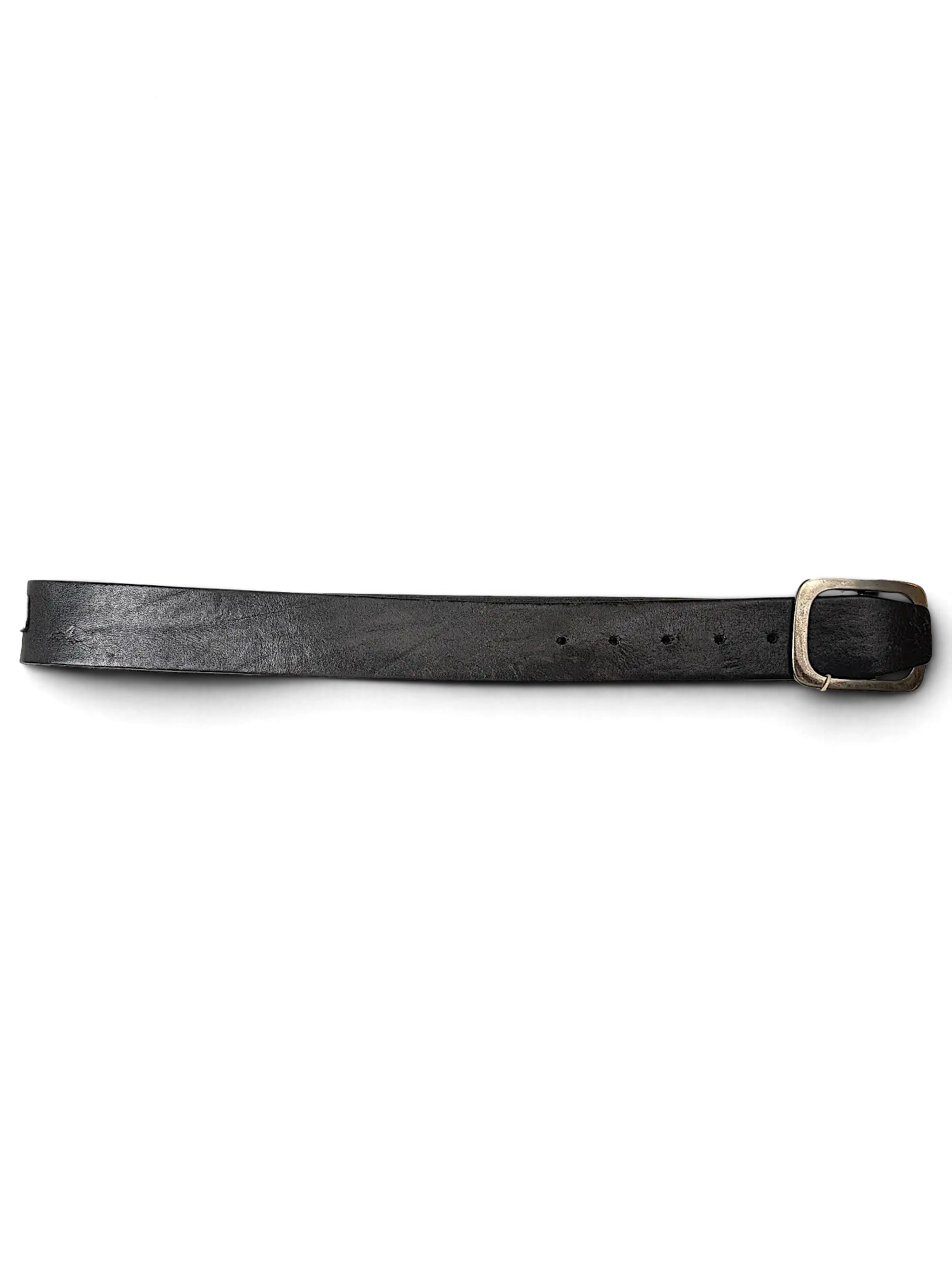 JAKE & IPI black leather belt with a silver-tone metal buckle and attached brand tag on a white surface