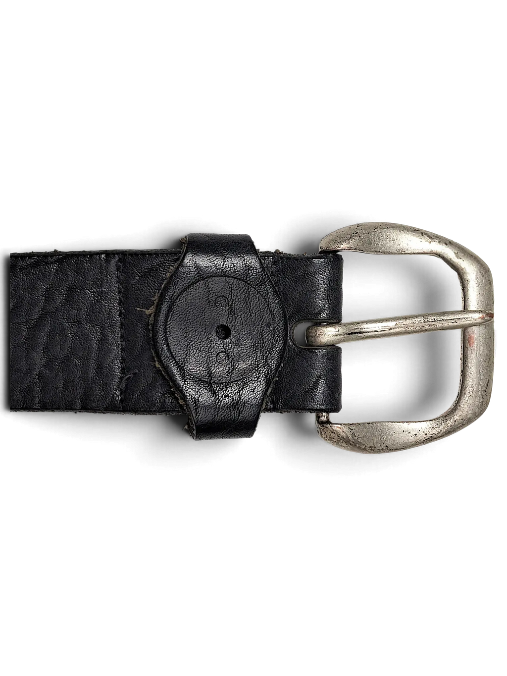 JAKE & IPI Exclusive Production Replay belt in black textured leather with a distressed silver-tone metal buckle.