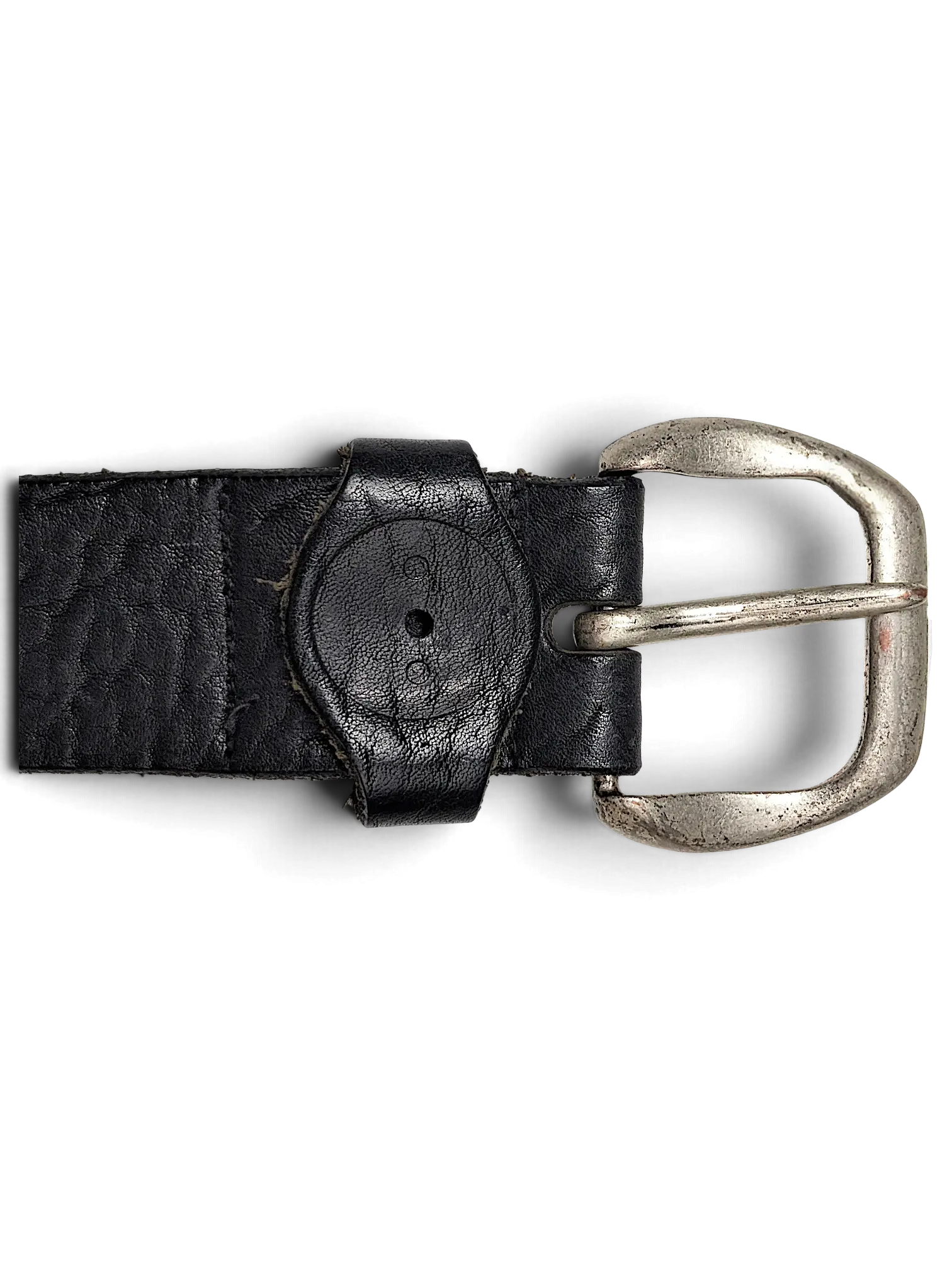 JAKE & IPI Exclusive Production Replay belt in black textured leather with a distressed silver-tone metal buckle.