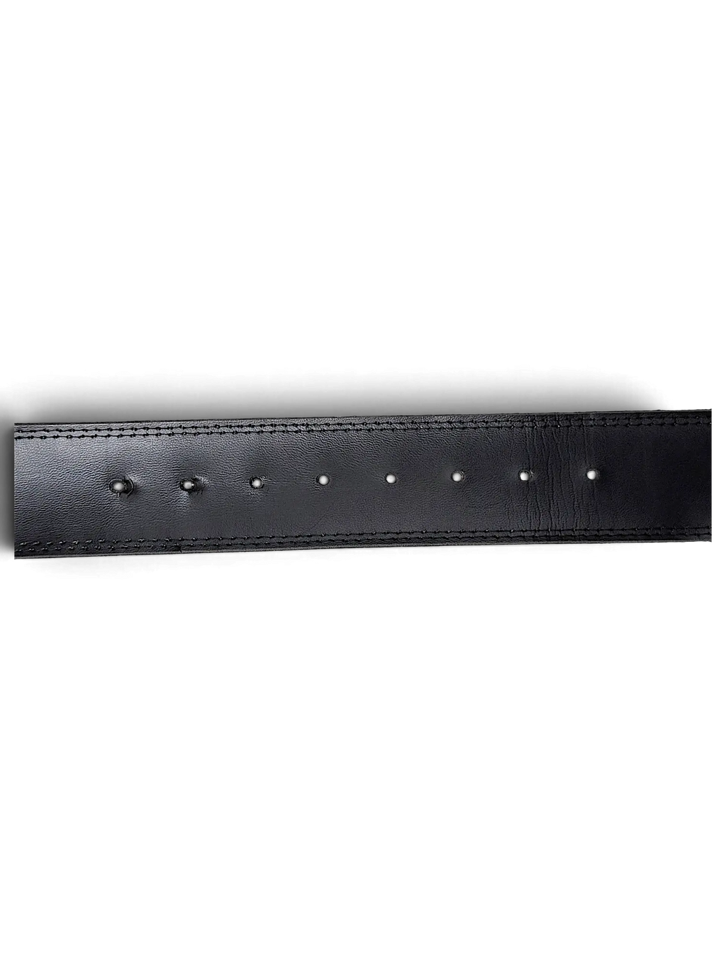 JAKE & IPI Y2K style black leather belt featuring detailed stitching and a smooth finish against a black background.