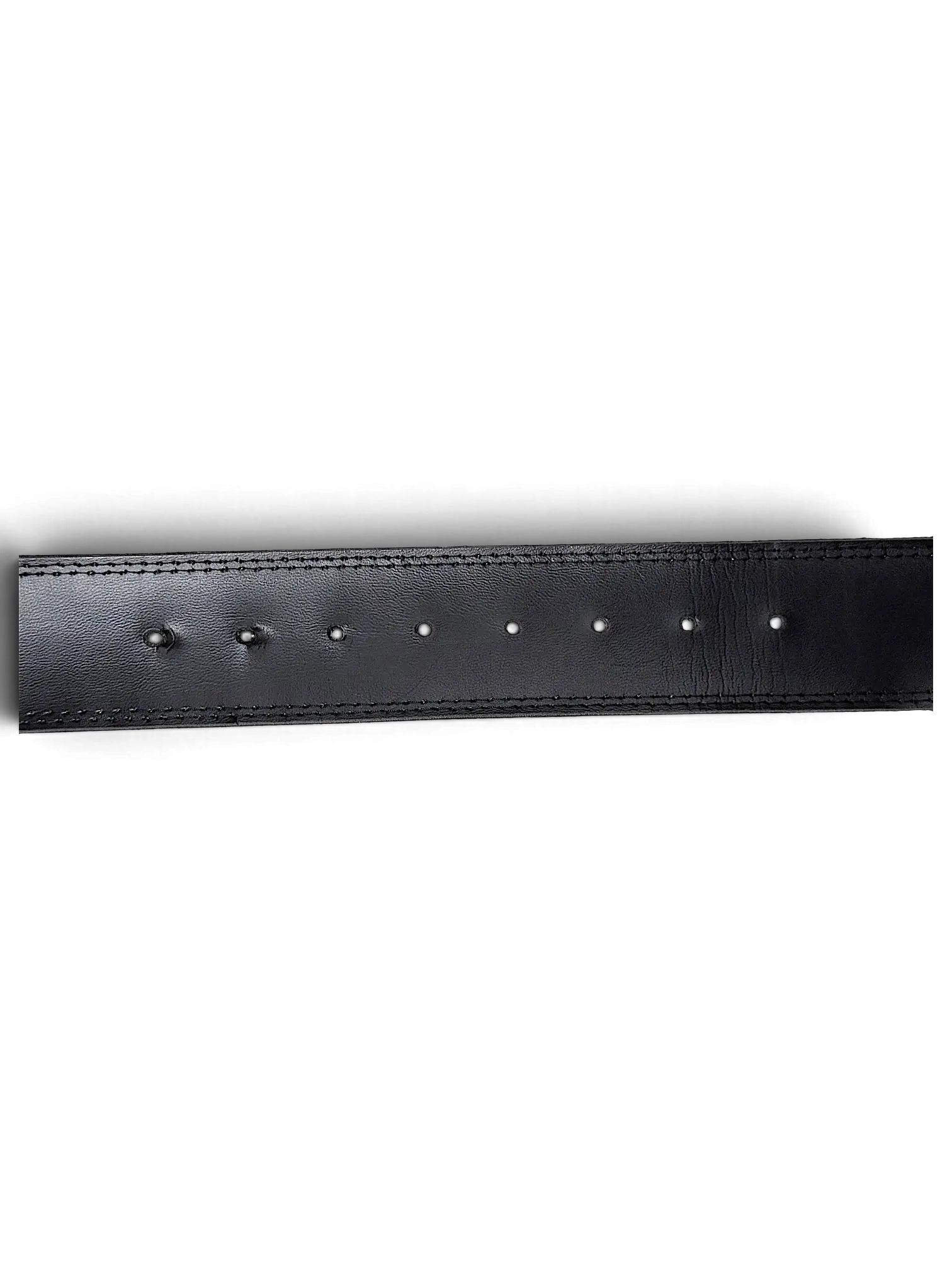 JAKE & IPI Y2K style black leather belt featuring detailed stitching and a smooth finish against a black background.