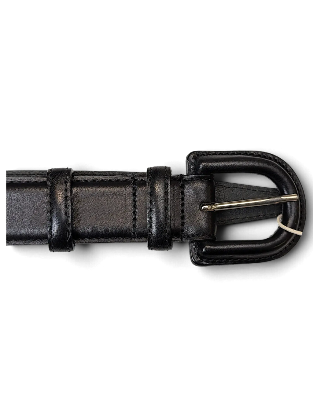 JAKE & IPI Mani black leather belt featuring a smooth finish, stitched edges, and a matching black leather buckle.