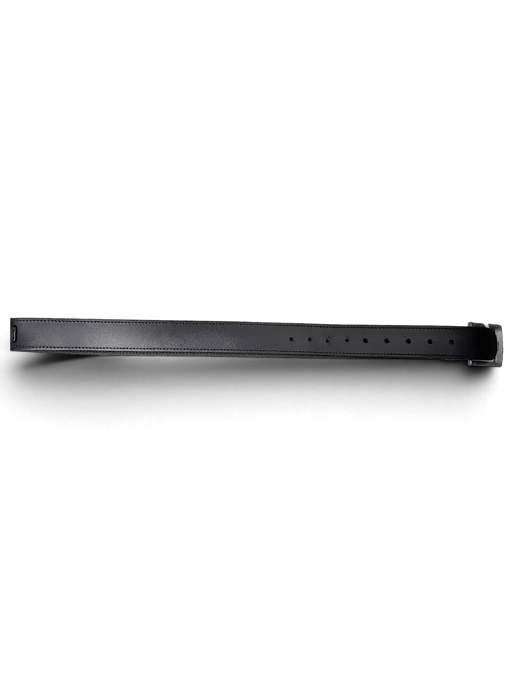 JAKE & IPI Randy River black leather belt with stitched edges and a metal buckle on a white background