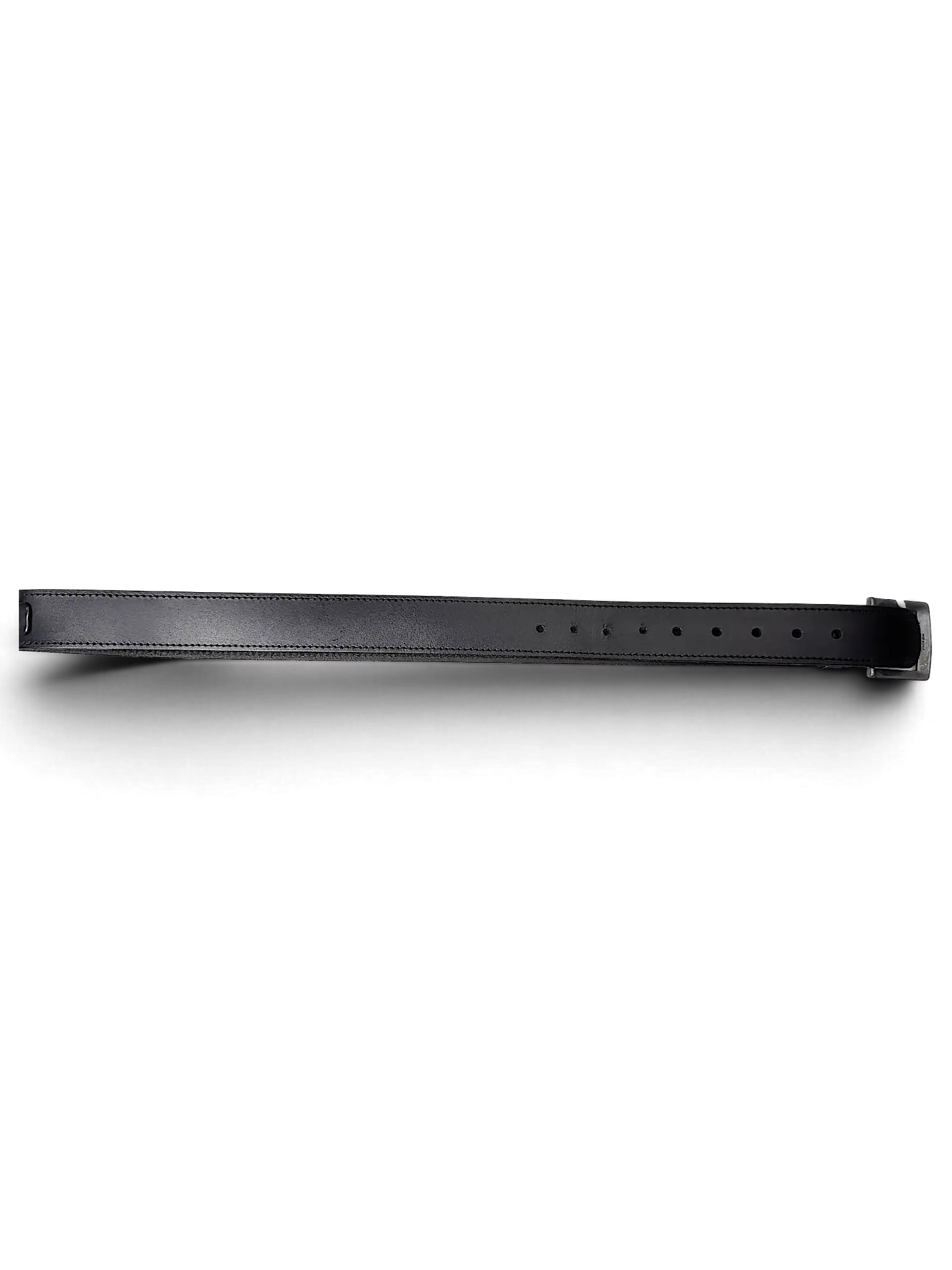 JAKE & IPI Randy River black leather belt with stitched edges and a metal buckle on a white background