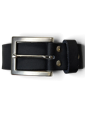 JAKE & IPI Gotz Collection black textured leather belt with a silver rectangular buckle held in a hand.