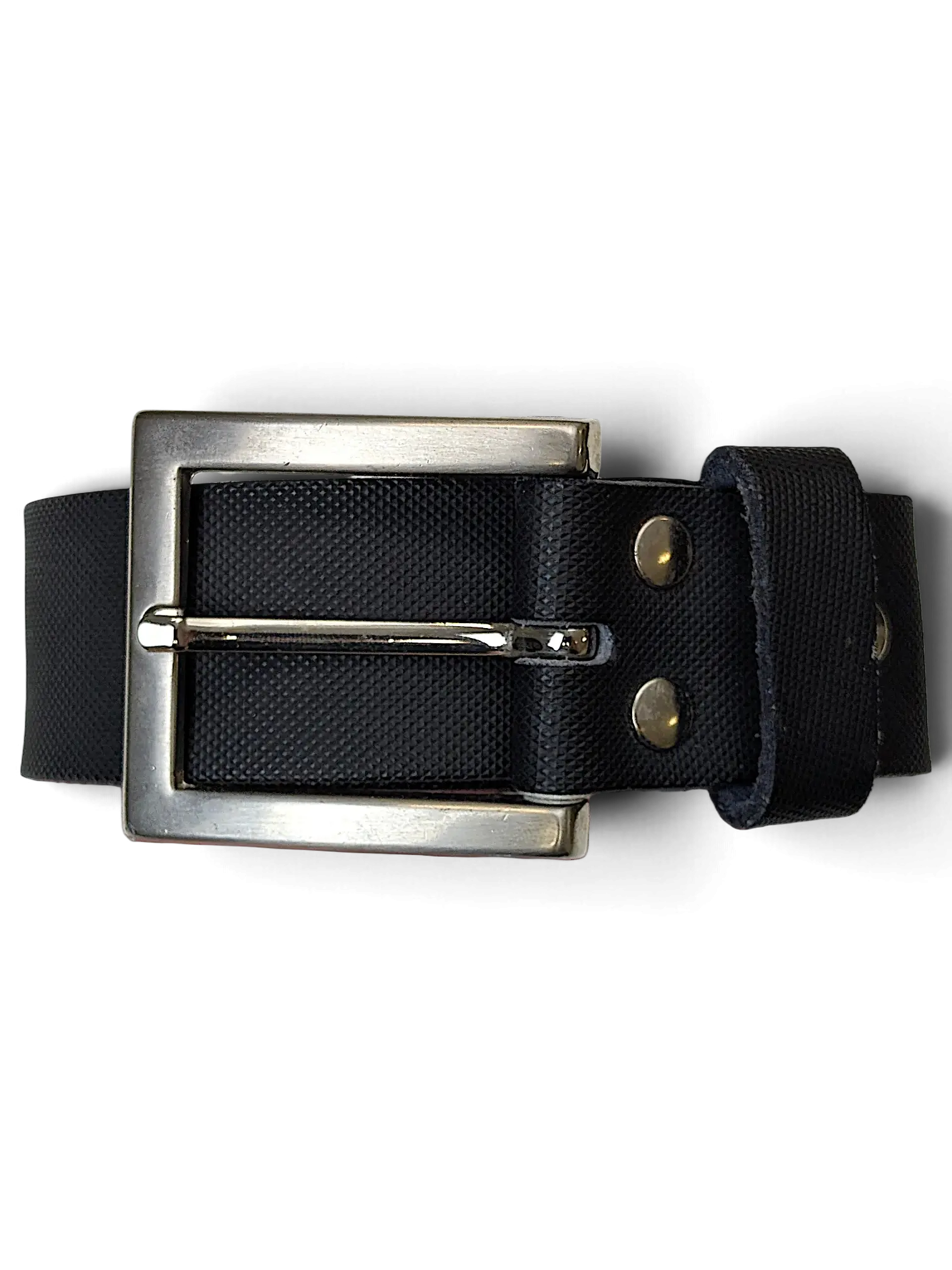JAKE & IPI Gotz Collection black textured leather belt with a silver rectangular buckle held in a hand.