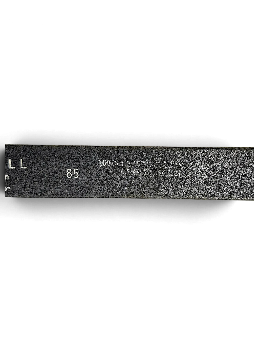 JAKE & IPI Conwell David black leather belt showing size 85 and 100 percent leather material stamp