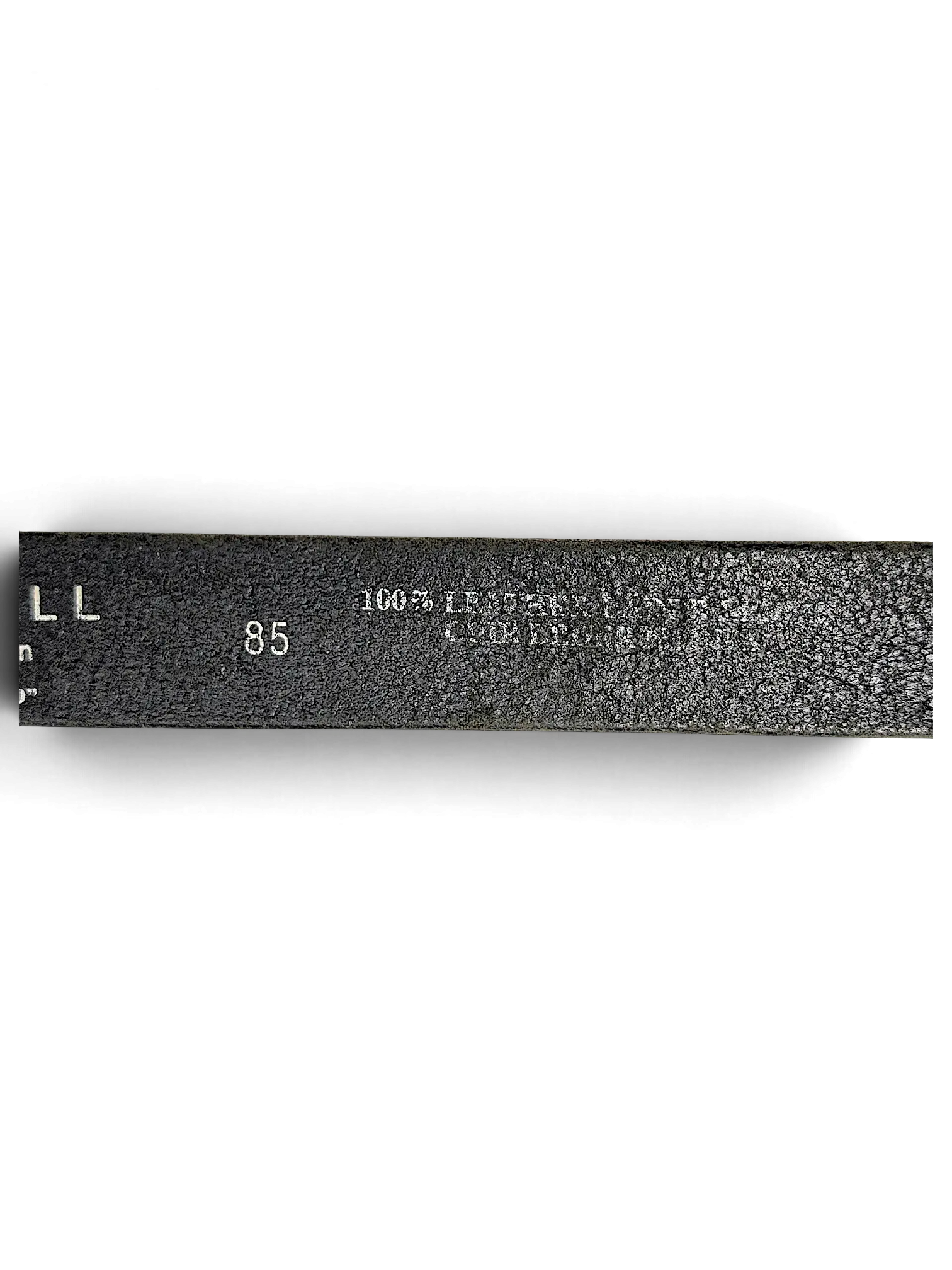 JAKE & IPI Conwell David black leather belt showing size 85 and 100 percent leather material stamp