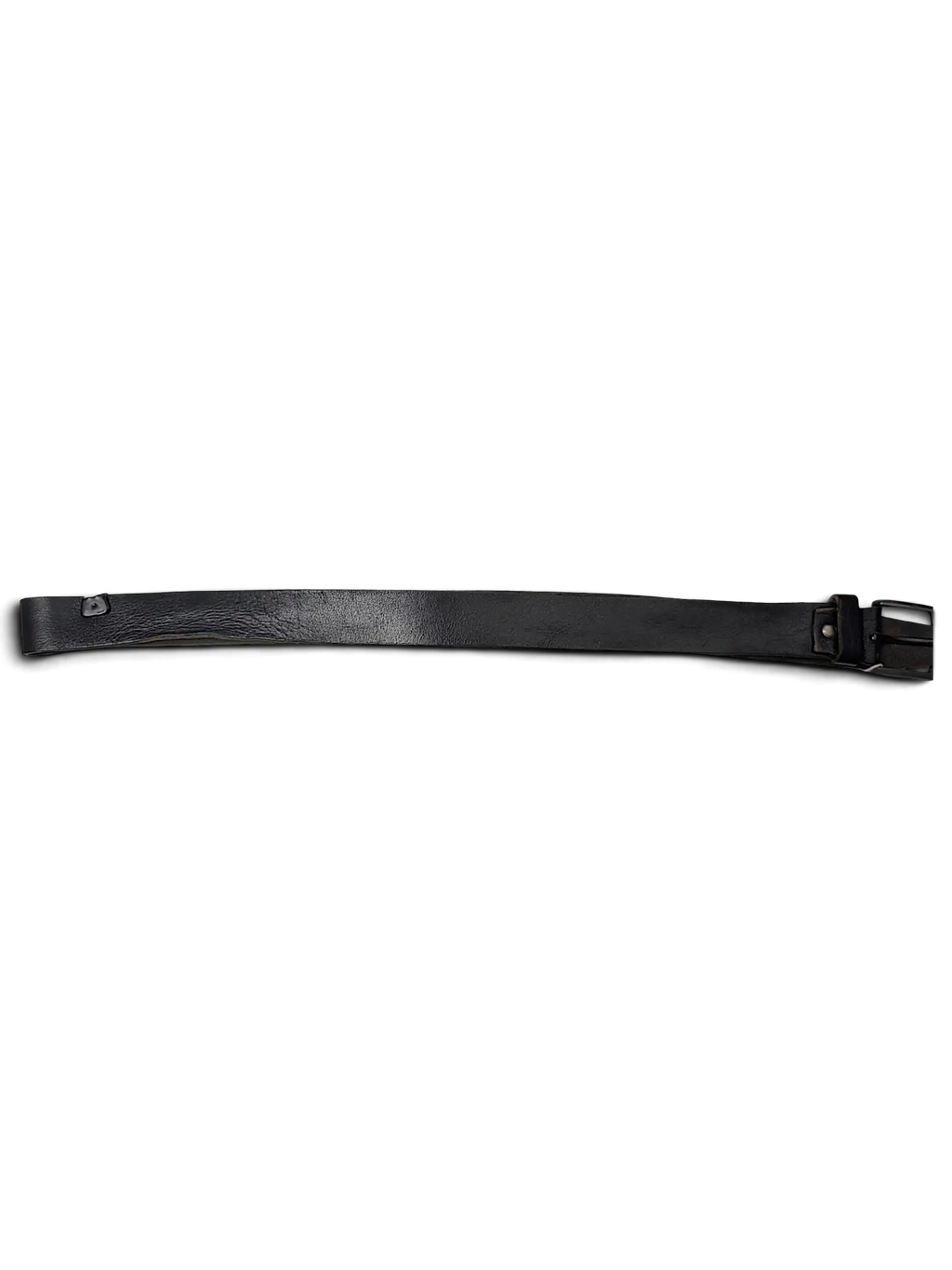 JAKE & IPI black leather belt with a metal buckle, displayed on a hanger against a black background.