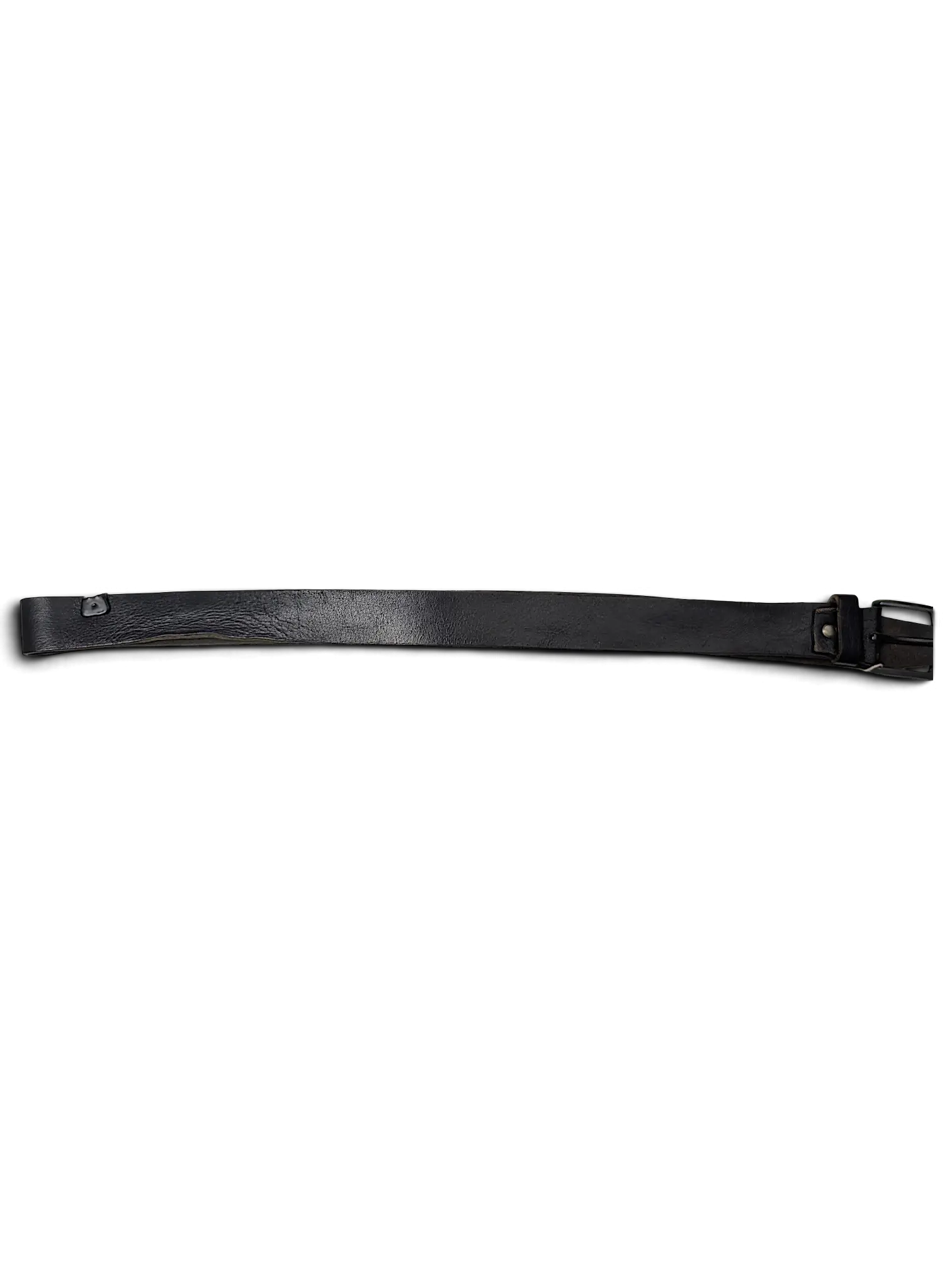 JAKE & IPI black leather belt with a metal buckle, displayed on a hanger against a black background.