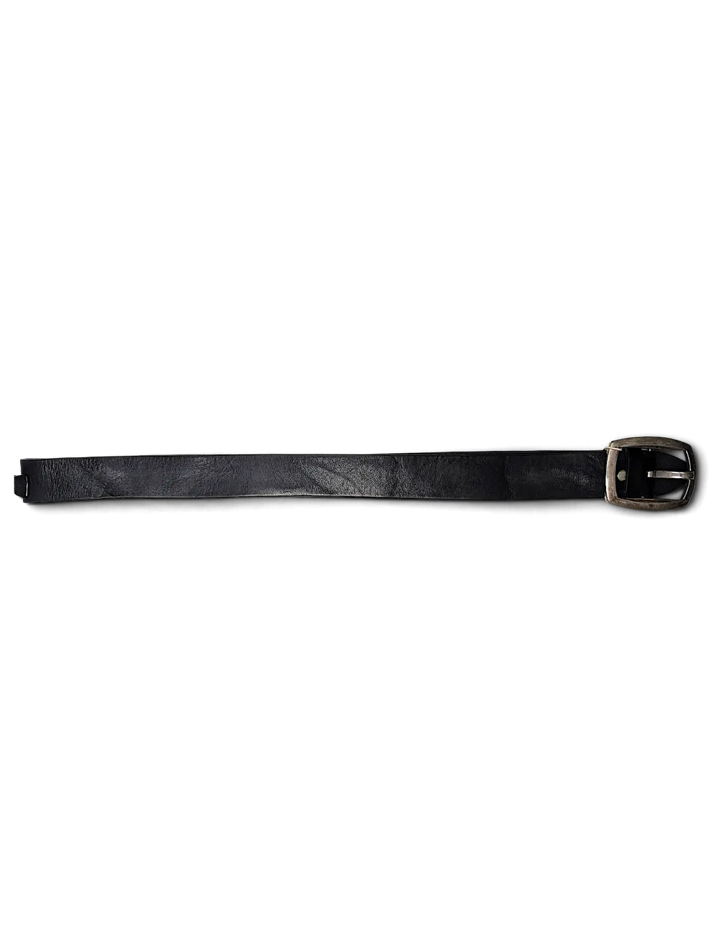 JAKE & IPI Jennifer Julia black leather belt with a silver-tone metal buckle on a white background