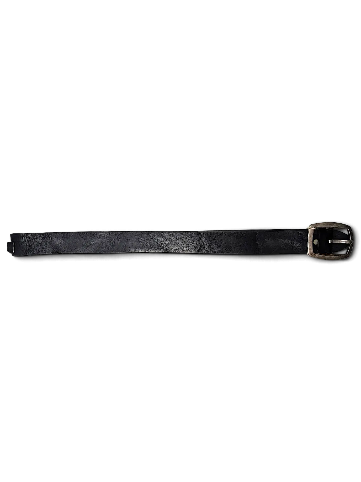 JAKE & IPI Jennifer Julia black leather belt with a silver-tone metal buckle on a white background