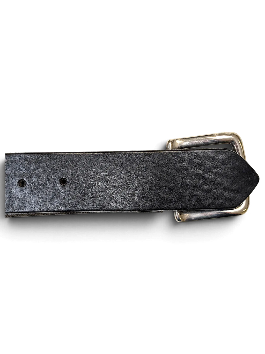 JAKE & IPI black leather belt made in Italy featuring a polished silver buckle and textured grain finish.