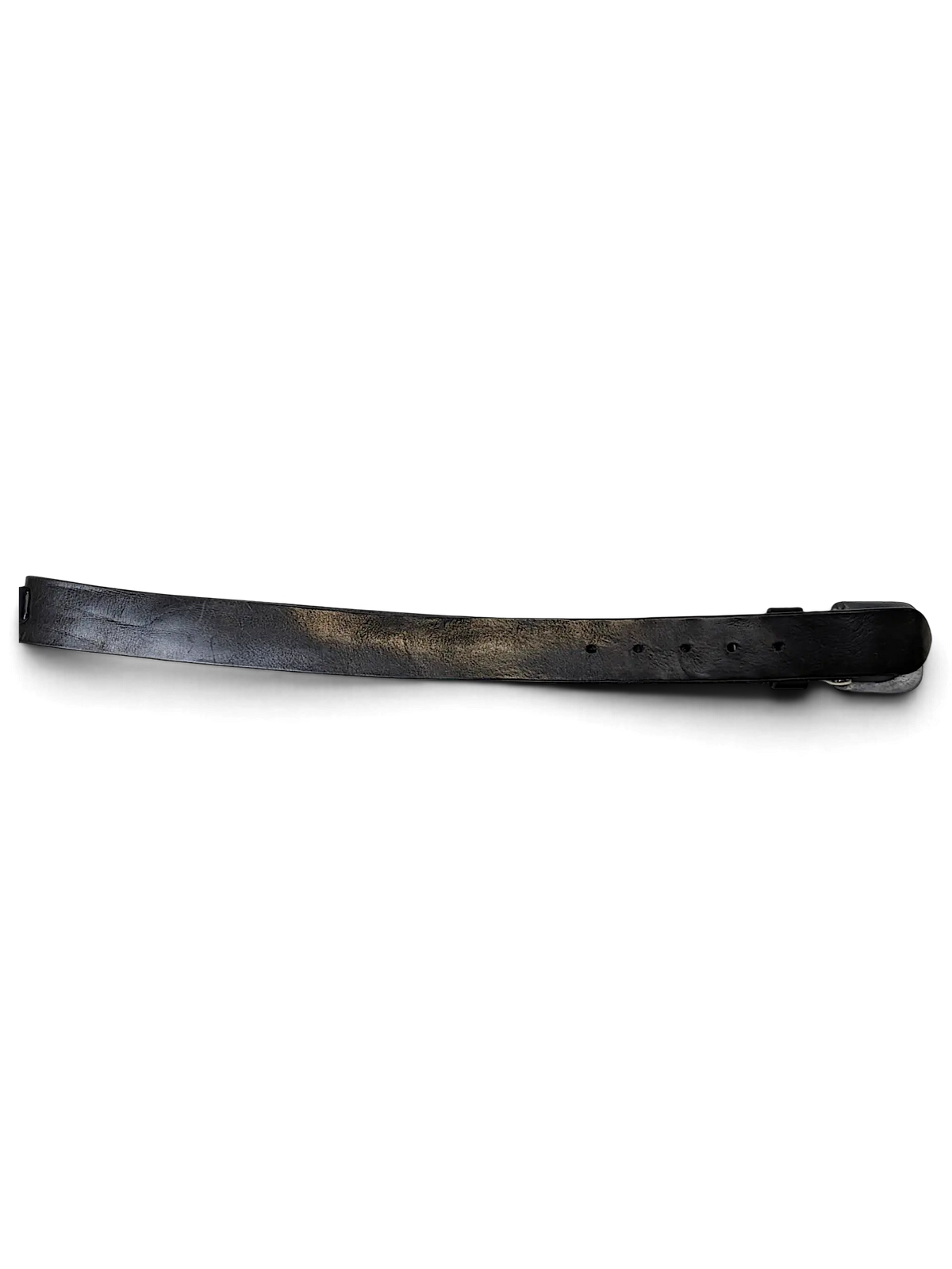 JAKE & IPI black leather belt with a raw finish and metal buckle, featuring an attached brand tag.