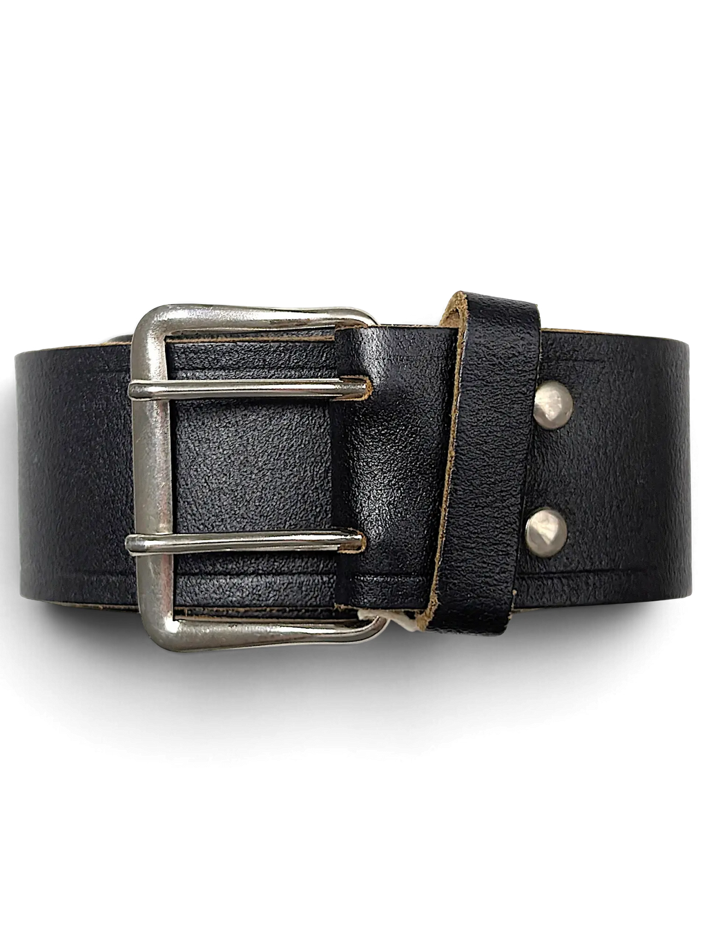 JAKE & IPI black leather belt featuring a sturdy double prong silver metal buckle and reinforced rivet details.