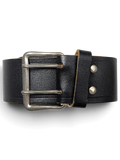 JAKE & IPI black leather belt featuring a sturdy double prong silver metal buckle and reinforced rivet details.
