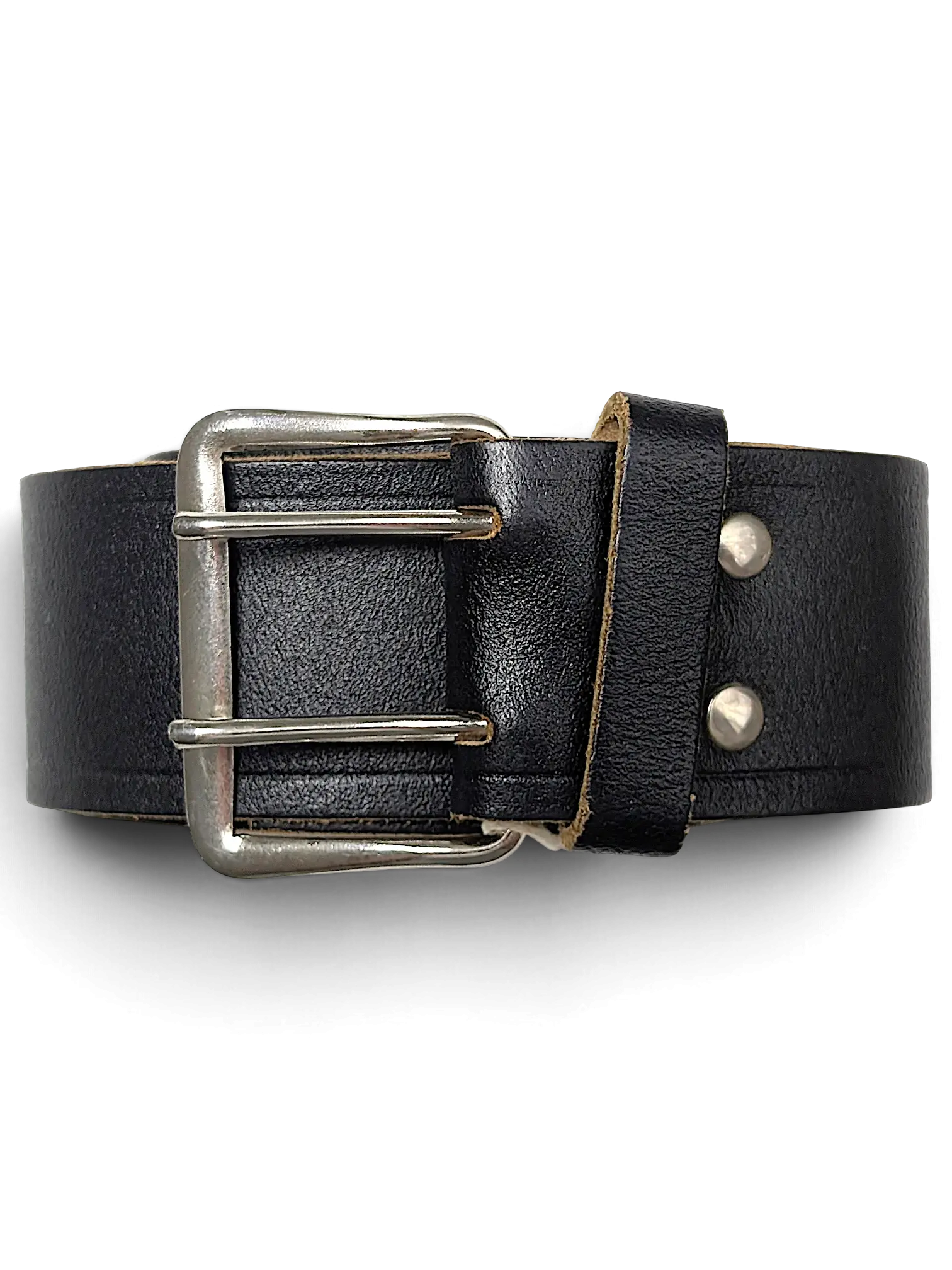 JAKE & IPI black leather belt featuring a sturdy double prong silver metal buckle and reinforced rivet details.