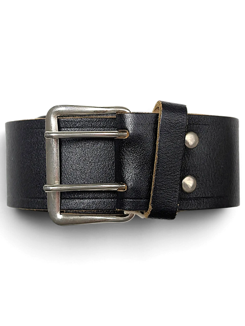 JAKE & IPI black leather belt featuring a sturdy double prong silver metal buckle and reinforced rivet details.