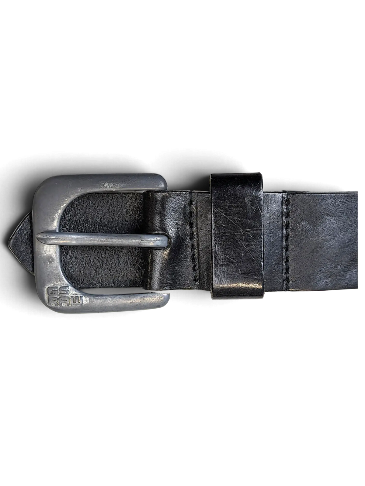 JAKE & IPI G.S. Raw black leather belt featuring a distressed metal buckle with engraved branding