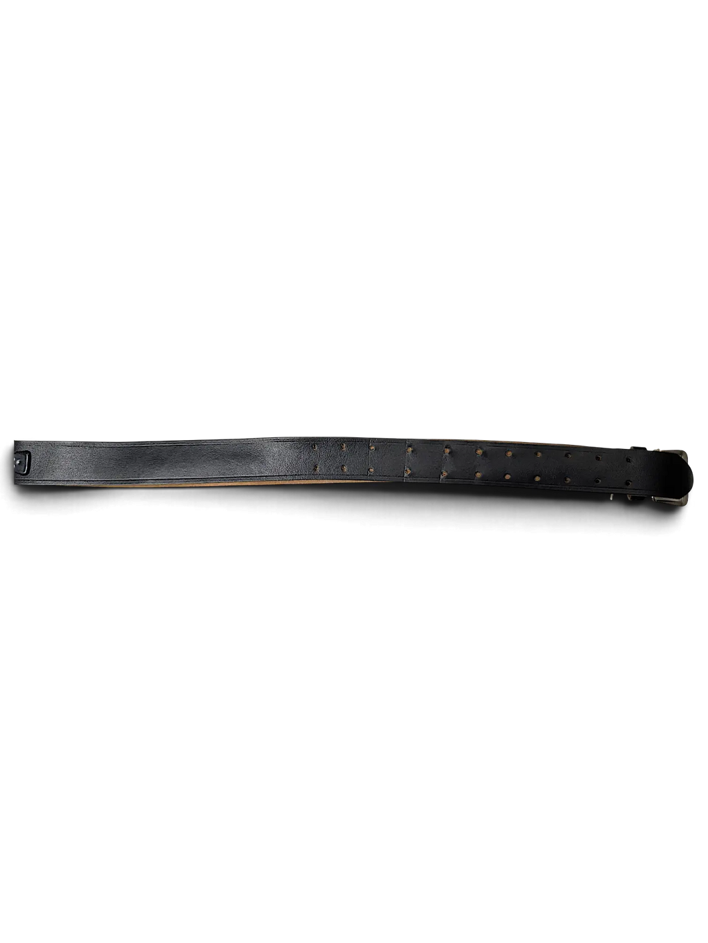 JAKE & IPI black leather belt with double rows of holes and a metal buckle, shown with a product tag.