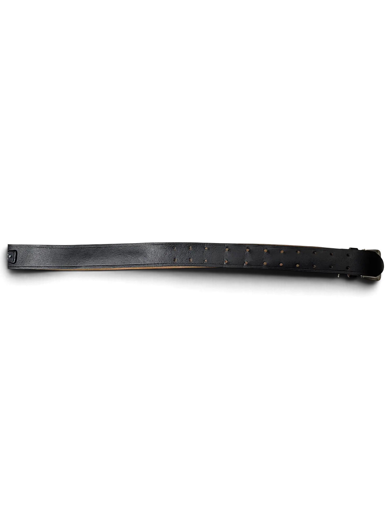 JAKE & IPI black leather belt with double rows of holes and a metal buckle, shown with a product tag.