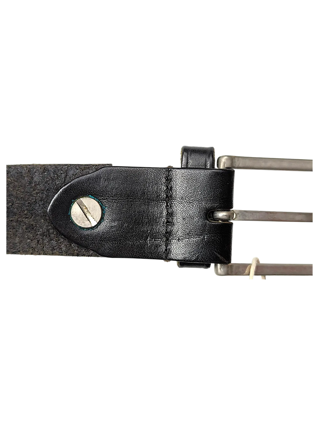 JAKE & IPI Studio Collection black leather belt with a silver double-prong buckle and screw detail