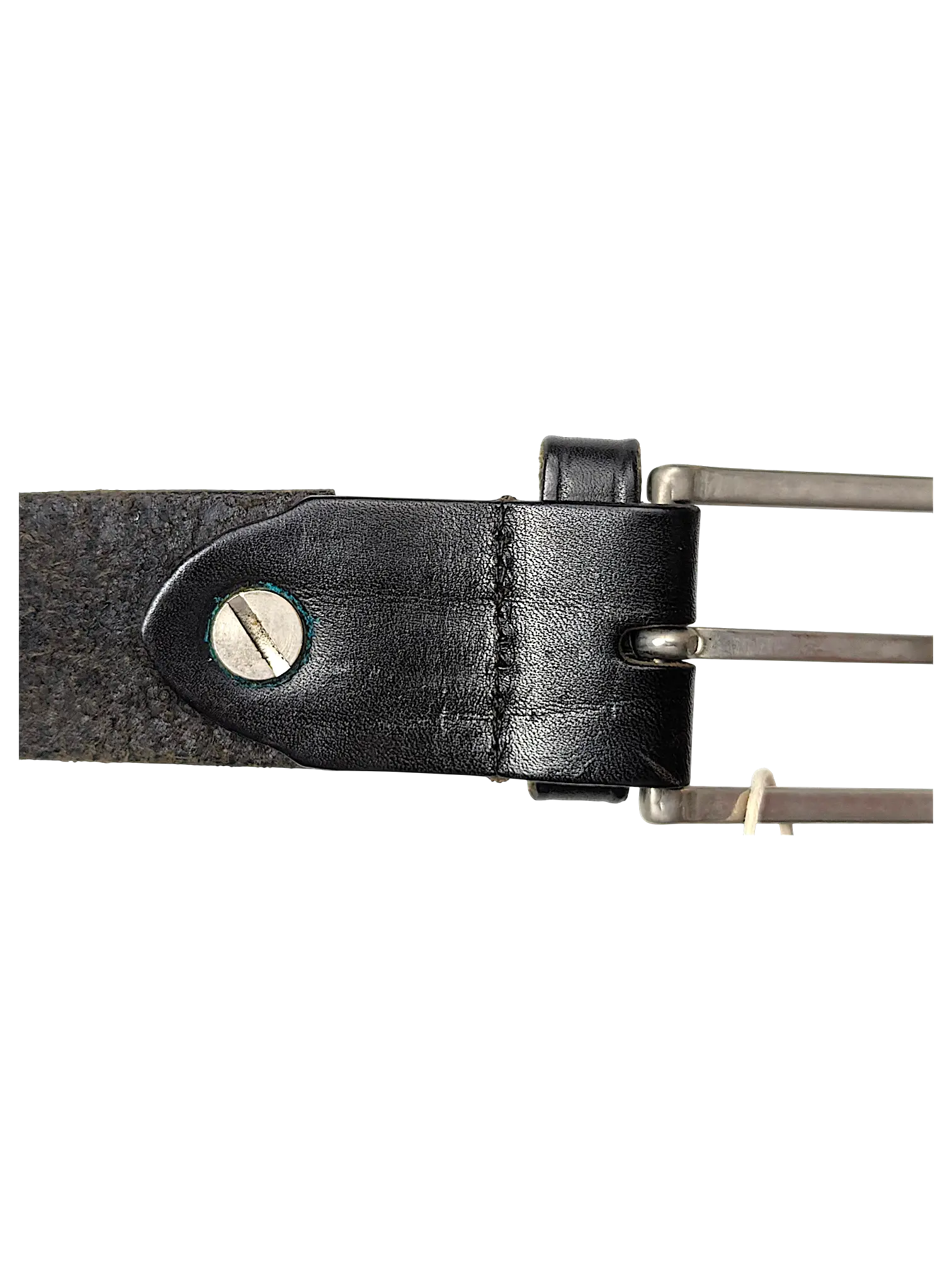 JAKE & IPI Studio Collection black leather belt with a silver double-prong buckle and screw detail