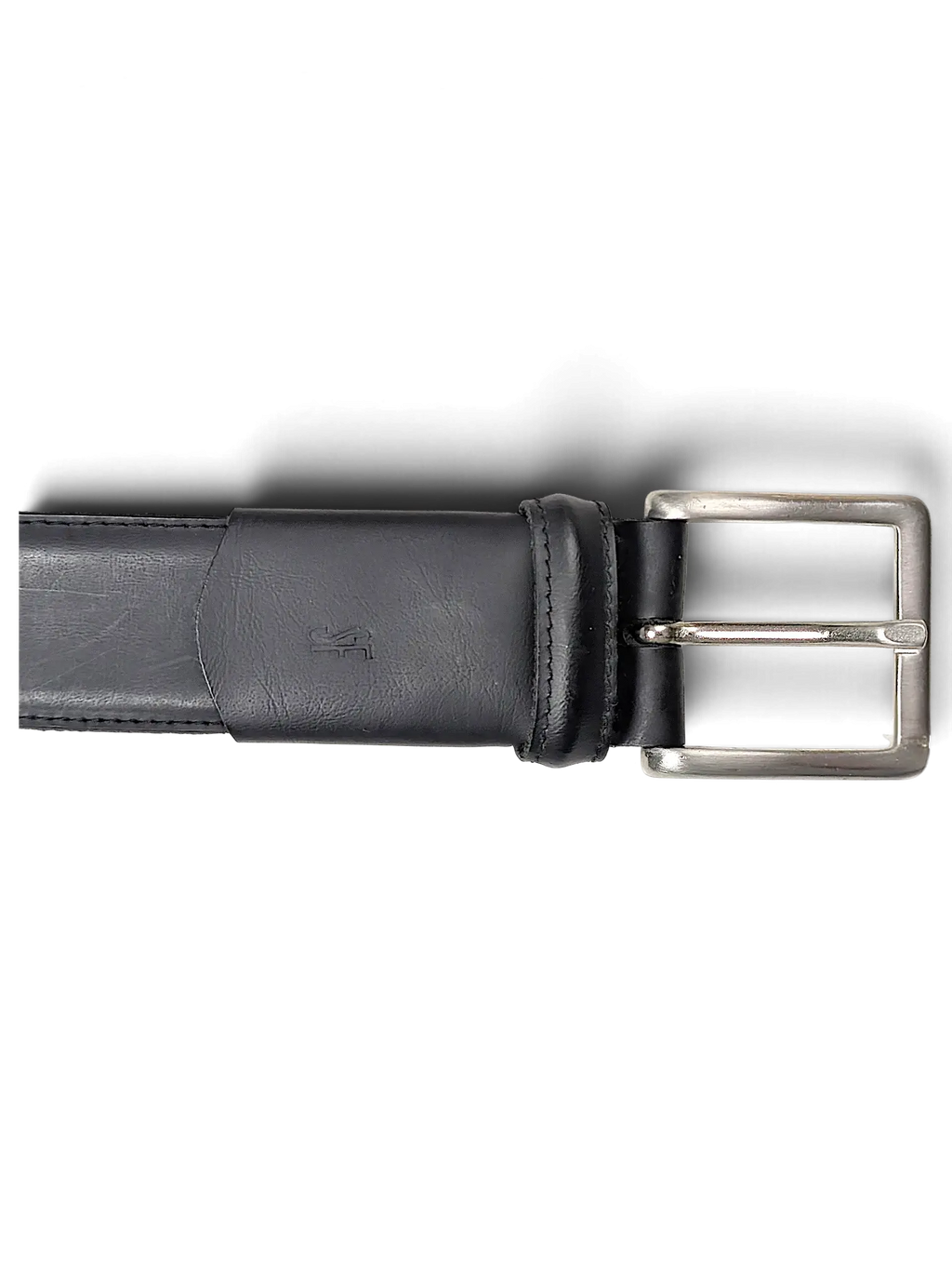 JAKE & IPI black leather belt with a silver-toned metal buckle and embossed logo detail on a black background.