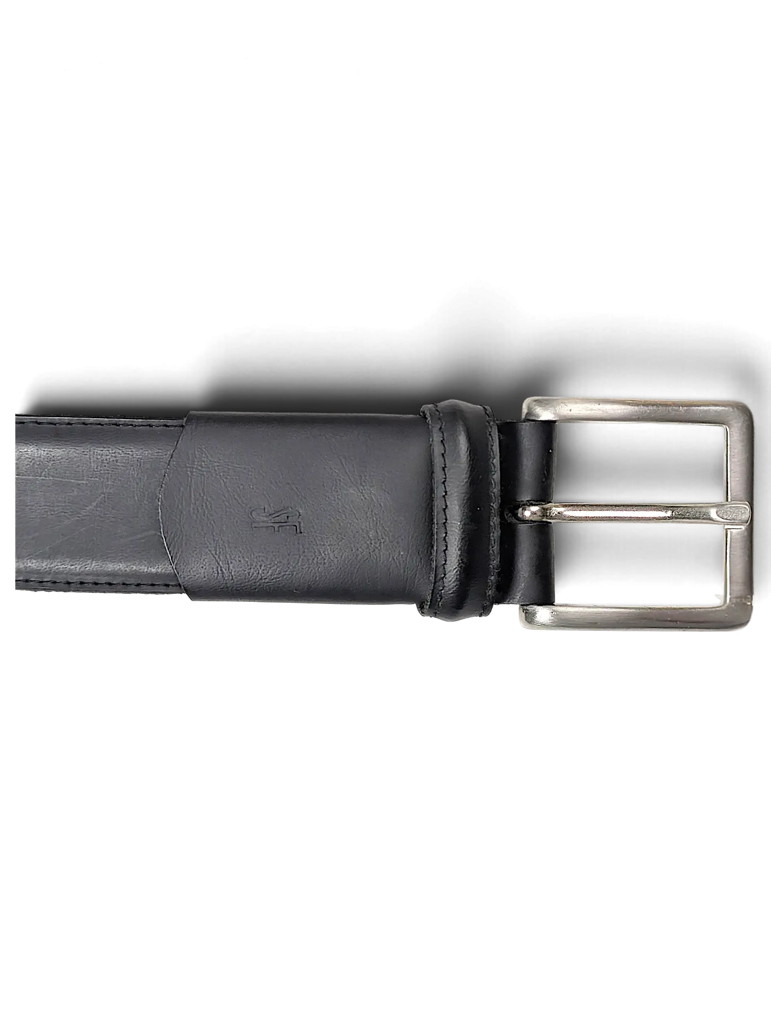 JAKE & IPI black leather belt with a silver-toned metal buckle and embossed logo detail on a black background.