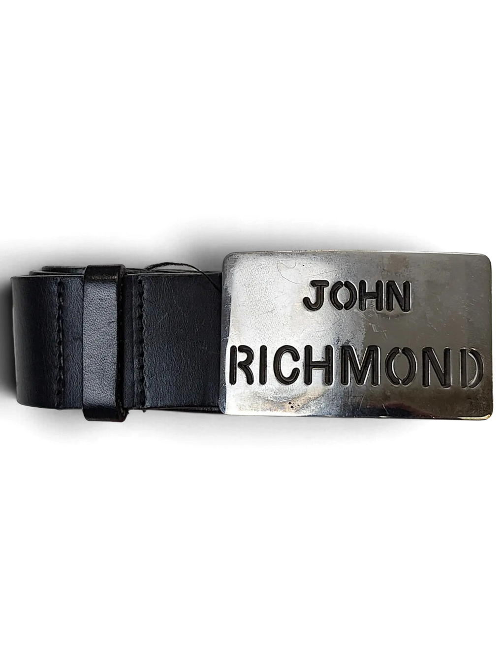 JAKE & IPI John Richmond black leather belt with a large rectangular silver metal logo buckle