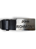 JAKE & IPI John Richmond black leather belt with a large rectangular silver metal logo buckle