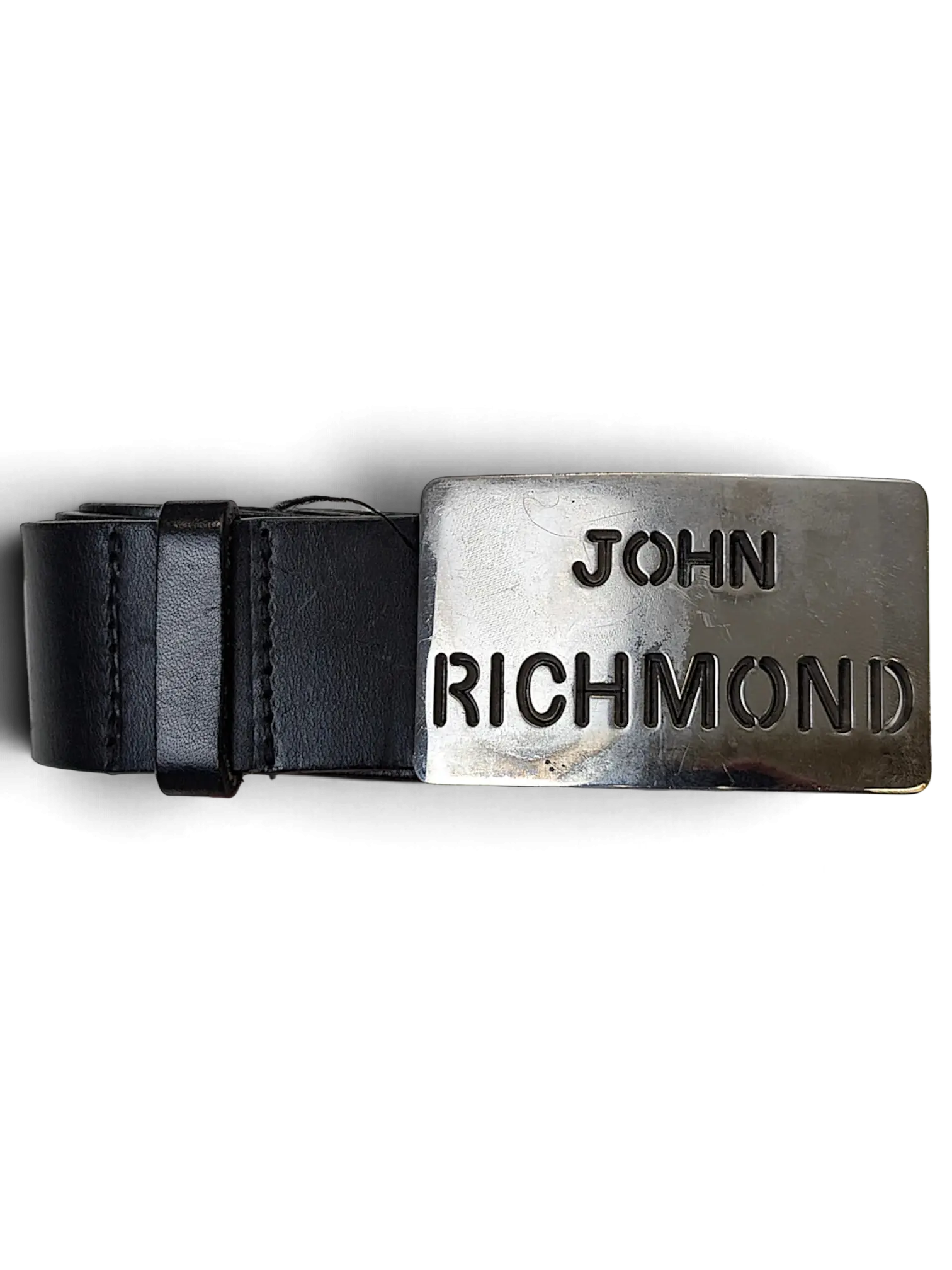 JAKE & IPI John Richmond black leather belt with a large rectangular silver metal logo buckle
