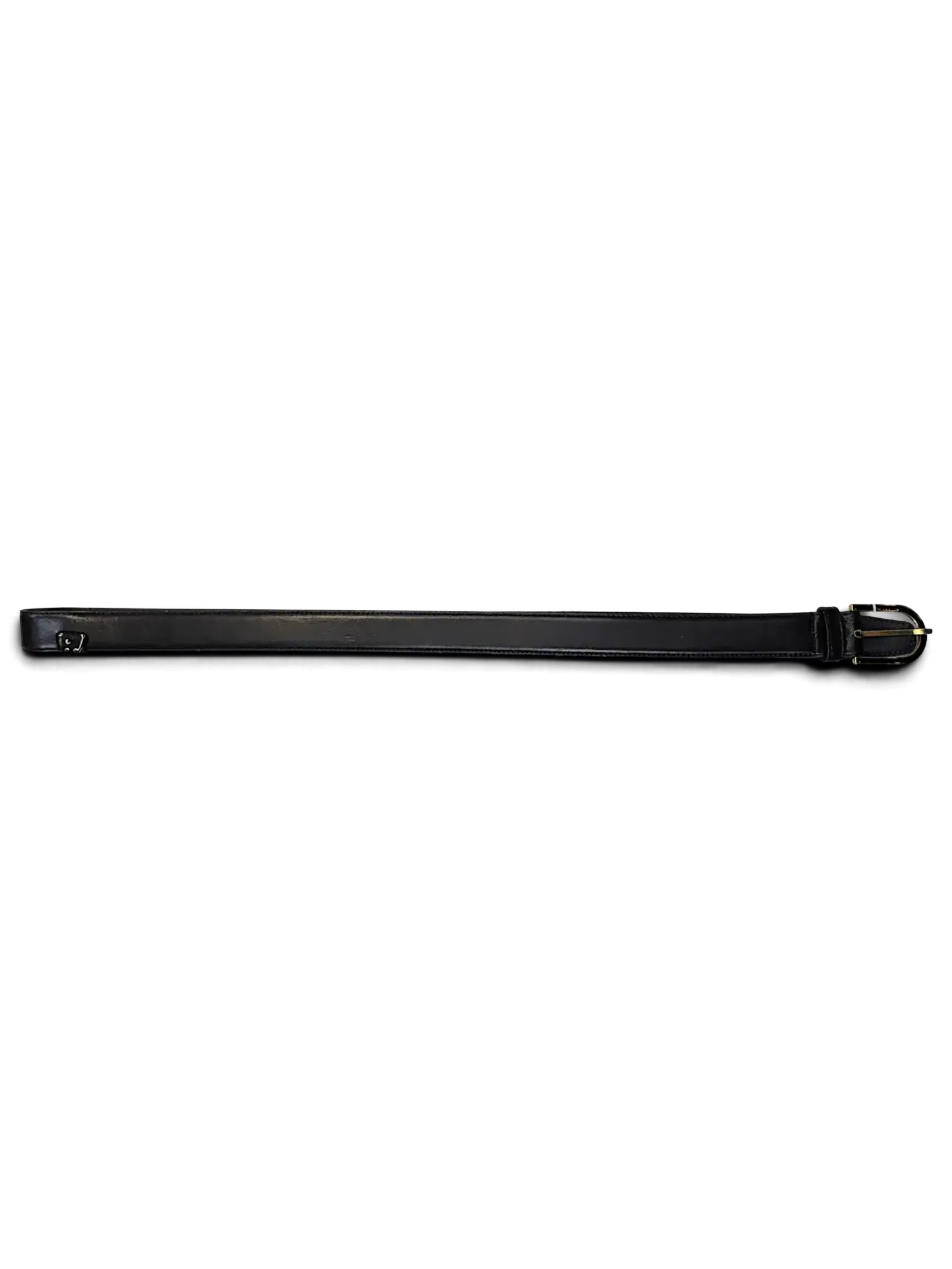 JAKE & IPI black leather belt featuring a gold and black buckle, displayed on a hanger against a black background.