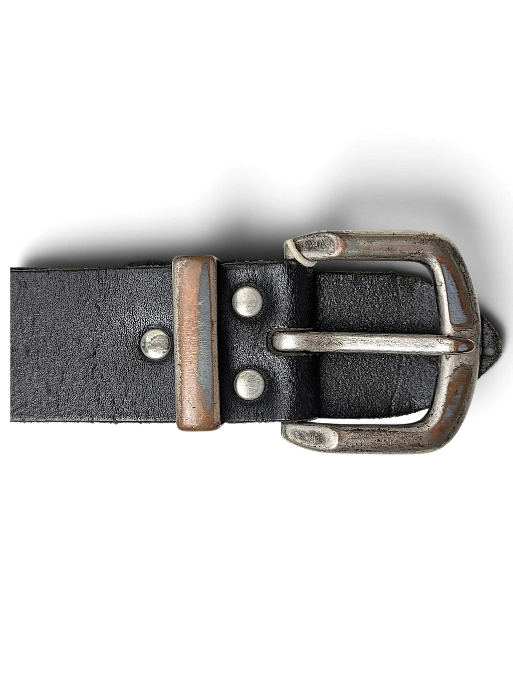 JAKE & IPI Bernd Götz black leather belt featuring a distressed silver-tone metal buckle and rivet details.