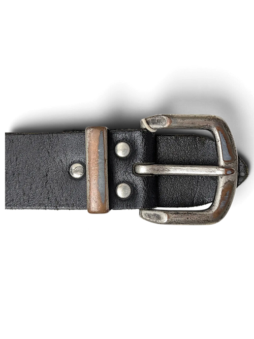 JAKE & IPI Bernd Götz black leather belt featuring a distressed silver-tone metal buckle and rivet details.
