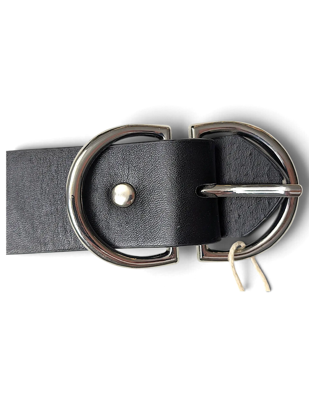 JAKE & IPI black leather belt featuring a polished silver double D-ring buckle and metal stud detail.