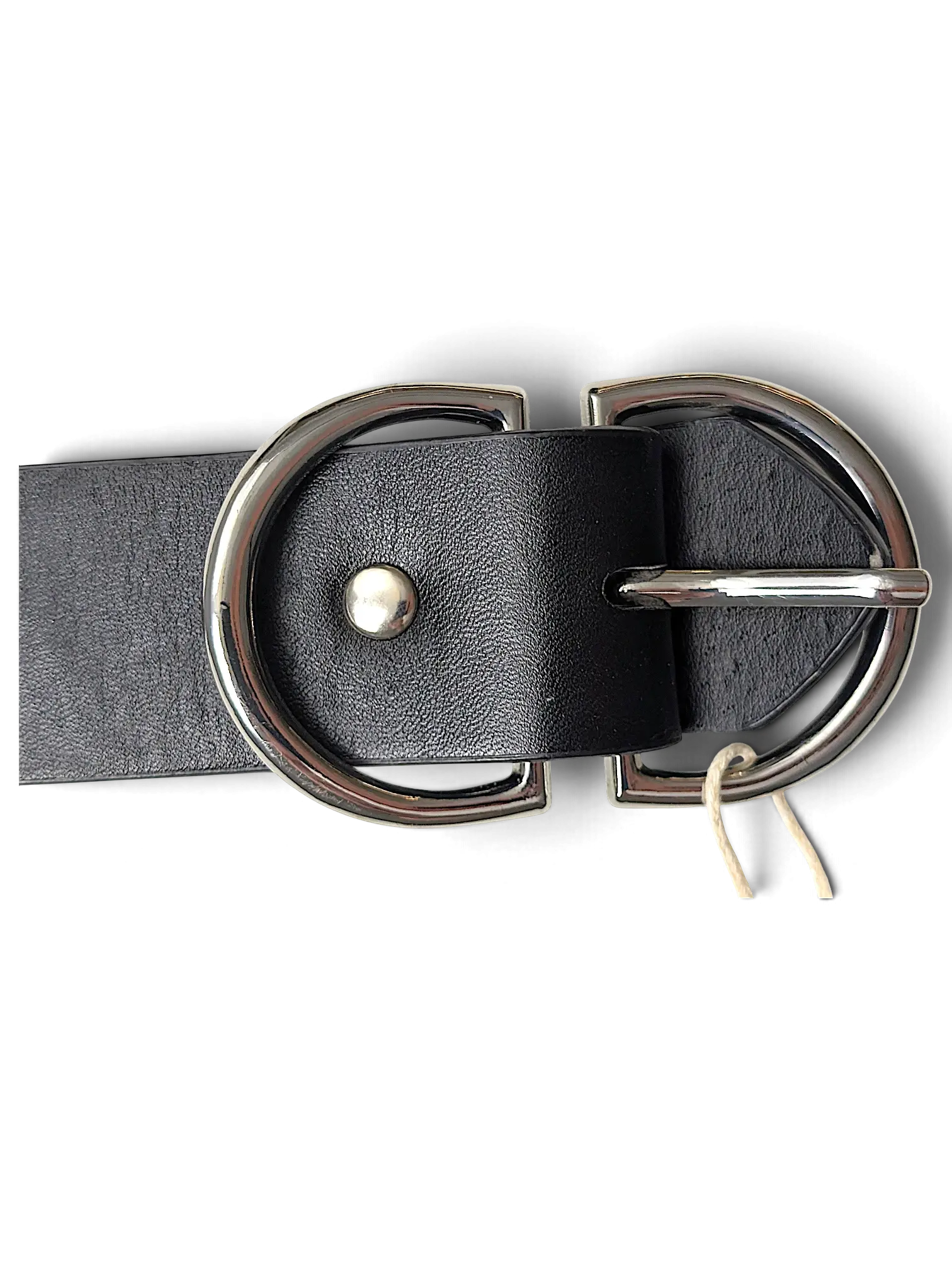 JAKE & IPI black leather belt featuring a polished silver double D-ring buckle and metal stud detail.