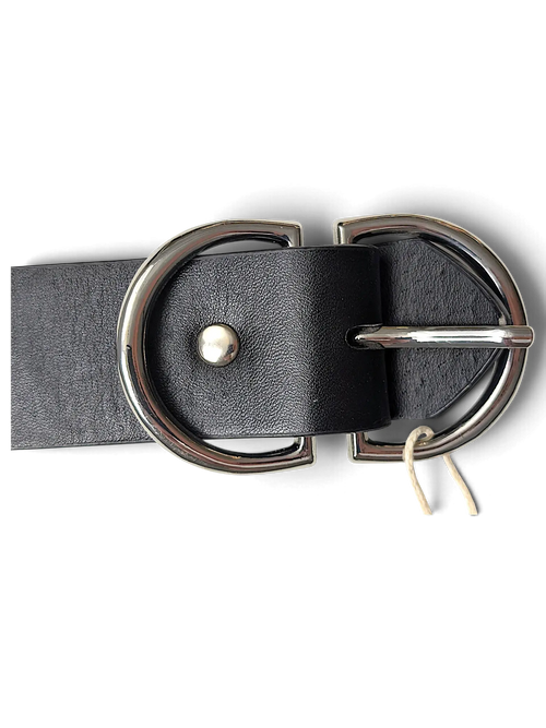 JAKE & IPI black leather belt featuring a polished silver double D-ring buckle and metal stud detail.