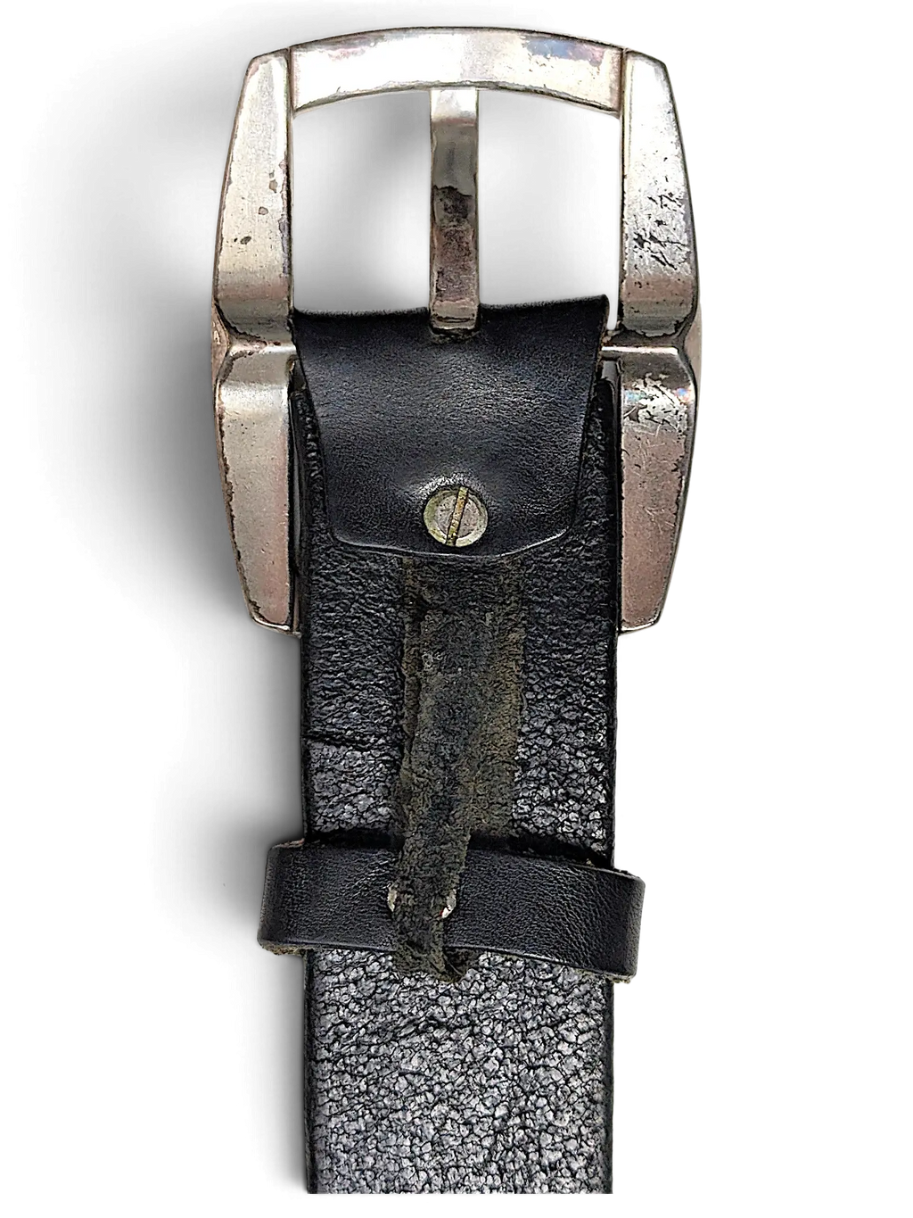 JAKE & IPI Jennifer Julia black leather belt featuring a distressed silver-tone metal buckle and textured finish.