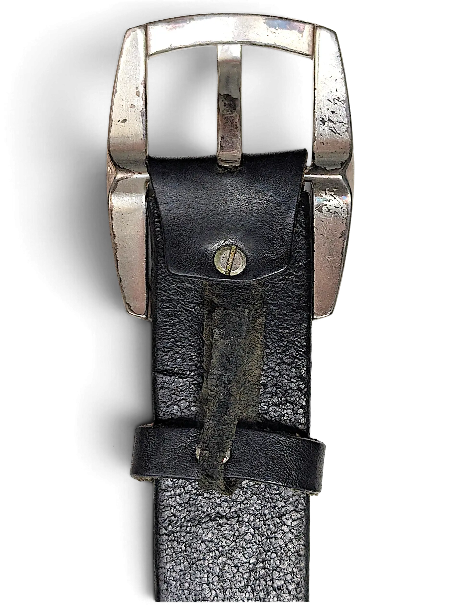 JAKE & IPI Jennifer Julia black leather belt featuring a distressed silver-tone metal buckle and textured finish.