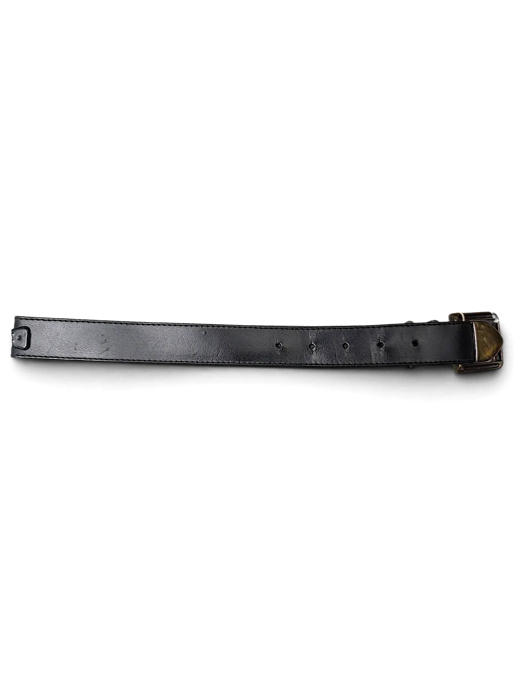 JAKE & IPI black leather belt with a metallic buckle, handcrafted in France, shown on a white background.